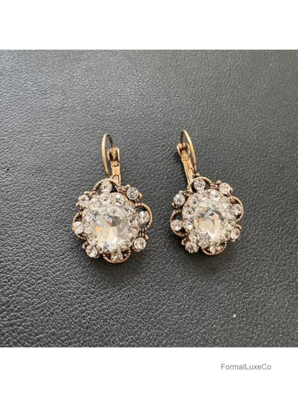 Handmade Bohemian Gold Sparkly Crystal Round Flower Leverback Dangle Drop